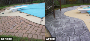 Before and after of stamped concrete resurfaced pool deck